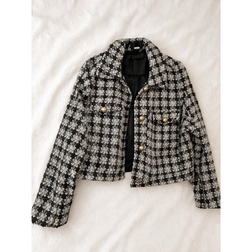 Cropped Black and White Tweed Houndstooth Blazer Jacket